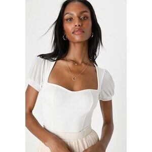 Lulus Sensational Sweetheart Ivory Ribbed Short Sleeve Bodysuit White - Size XS